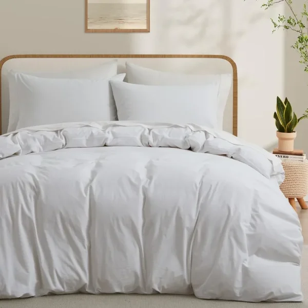 100% Washed Cotton Duvet Cover , Linen-Like Textured White Fade-Resistant Bedding Set (No Comforter)